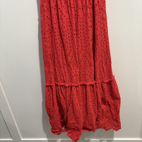Made in Italy Dress Womens Medium Red Eyelet Smocked Tiered Maxi Sundress - Picture 7 of 12